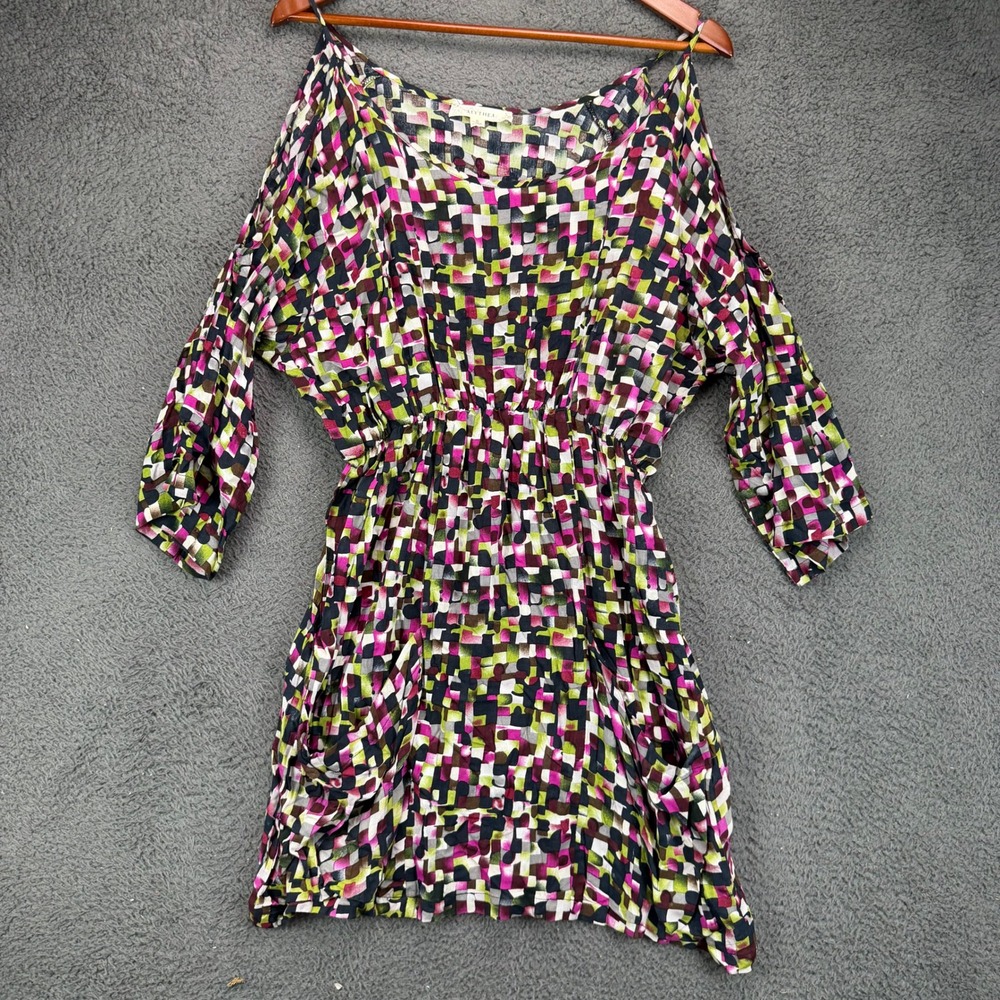 Alythea Womens Small Geometric Cold Shoulder Mini Dress Pink Green Black Pockets